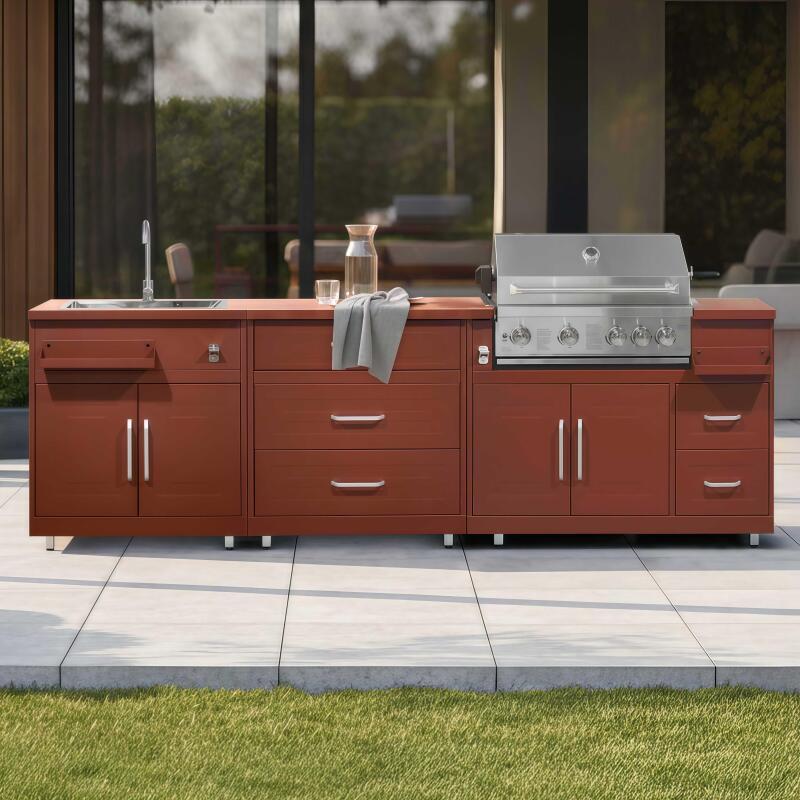 Outdoor-Küche aus Metall mit Outdoor-Spüle, Grill und Stauraum – 3 Module - Lifestyle