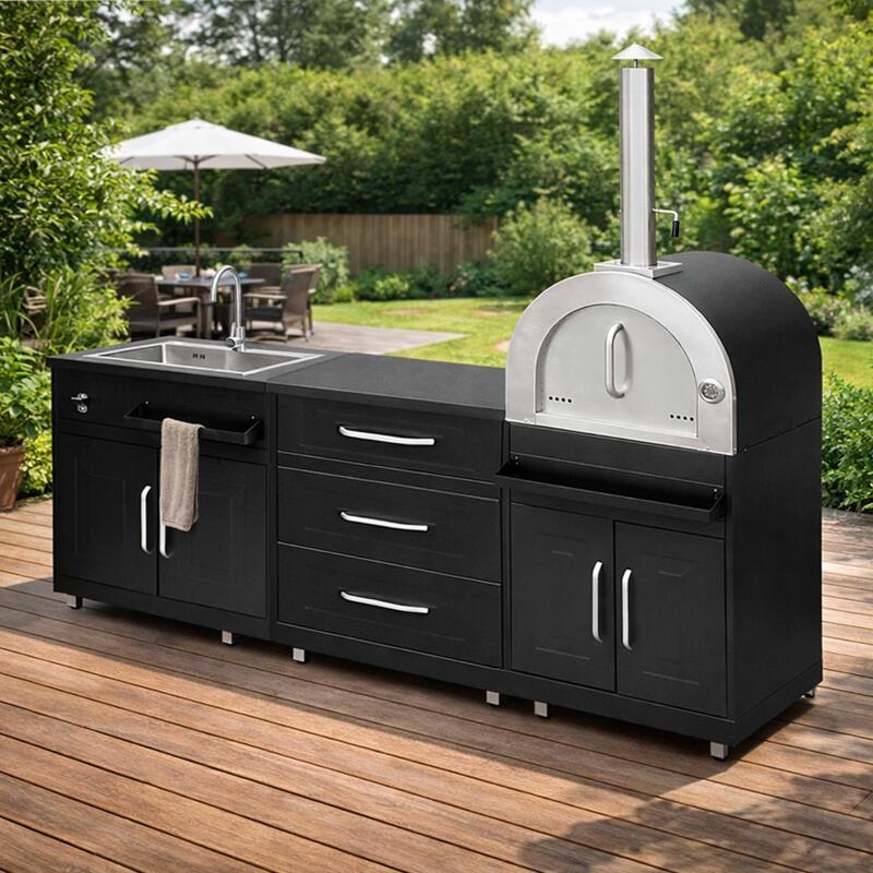 Outdoor-Küche aus Metall mit Outdoor-Spüle, Pizzaofen und Stauraum – 3 Module - Lifestyle