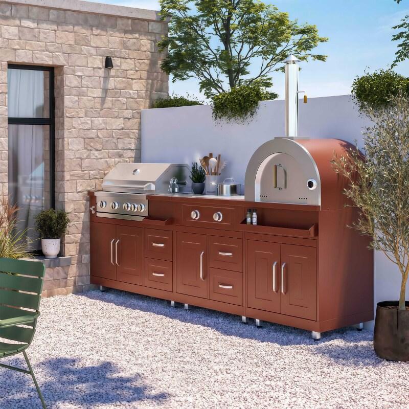 Outdoor-Küche aus Metall mit Pizzaofen, Gasherd, Grill und Stauraum – 3 Module - Lifestyle
