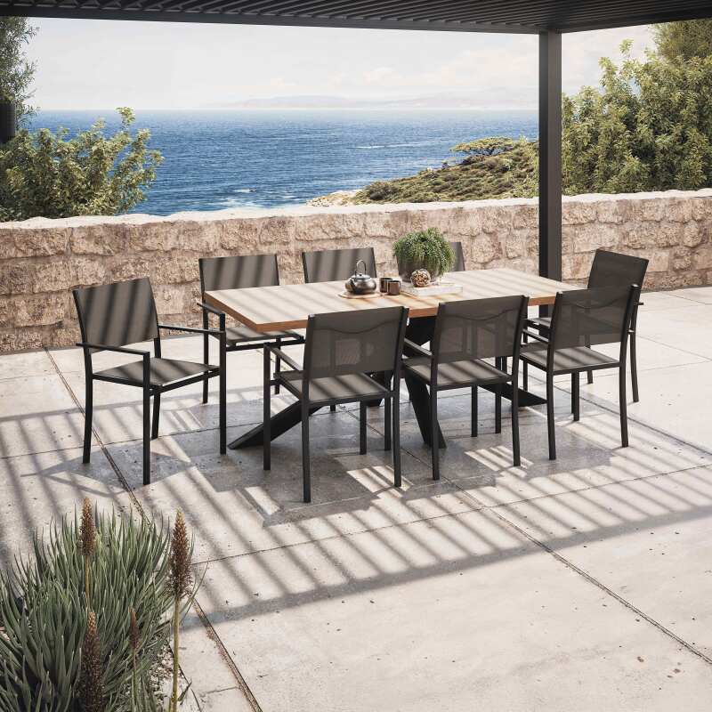 Gartentisch aus Akazienholz und Aluminium, 200x95 cm, und 8 Stühle aus Textilene, mit Armlehnen - Lifestyle