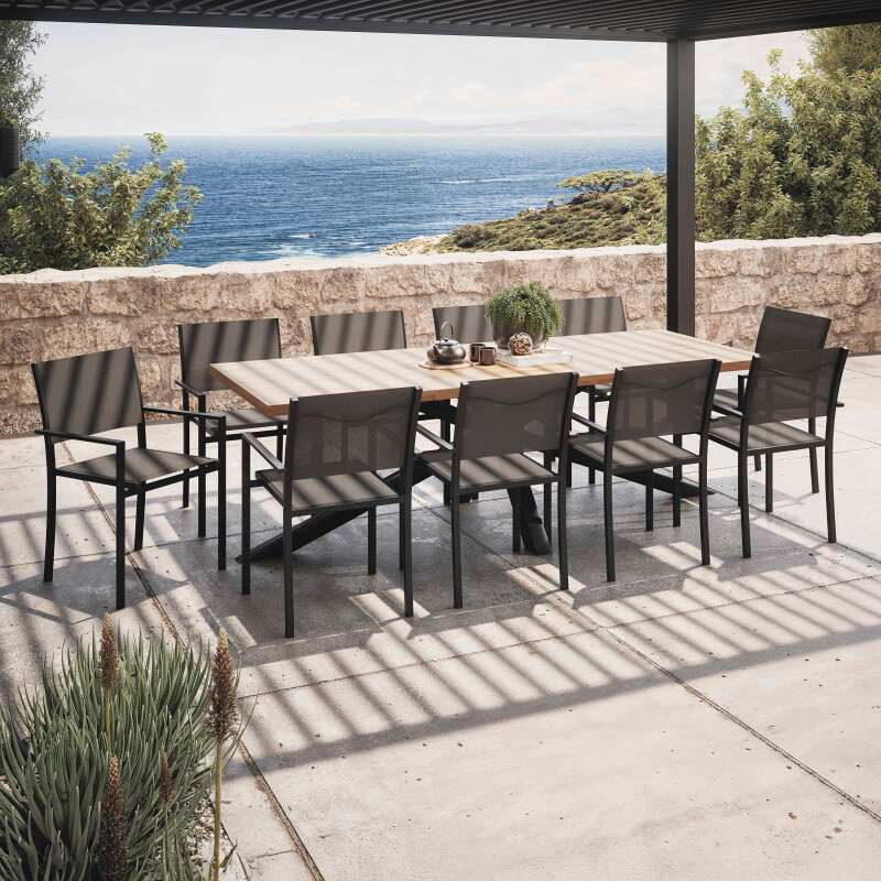 Gartentisch aus Akazienholz und Aluminium, 240x95 cm, und 8 Stühle aus Textilene, mit Armlehnen - Lifestyle