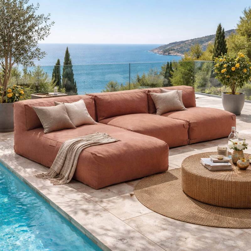 Modulare Gartenmöbel für 3 Personen bestehend aus 2 Sesseln und 1 Chaiselongue - Lifestyle