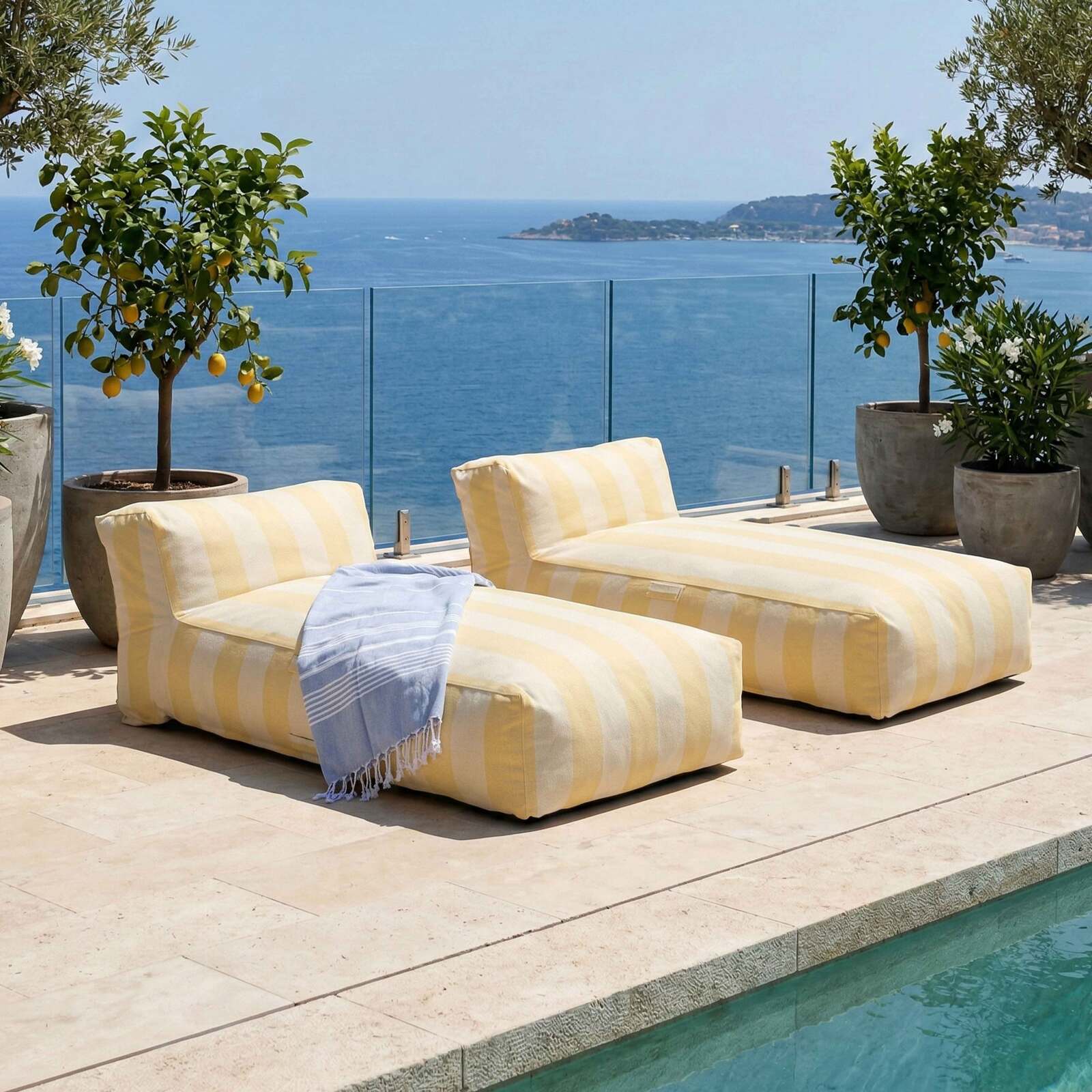 Modulare Gartenmöbel für 2 Personen bestehend aus 2 gestreiften Chaiselongues 