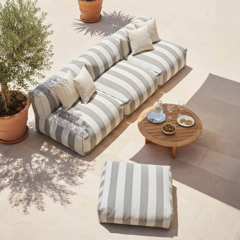 Modulare Gartenmöbel, gestreift für 4 Personen bestehend aus 3 Sesseln und 1 Sitzsack (2/6)