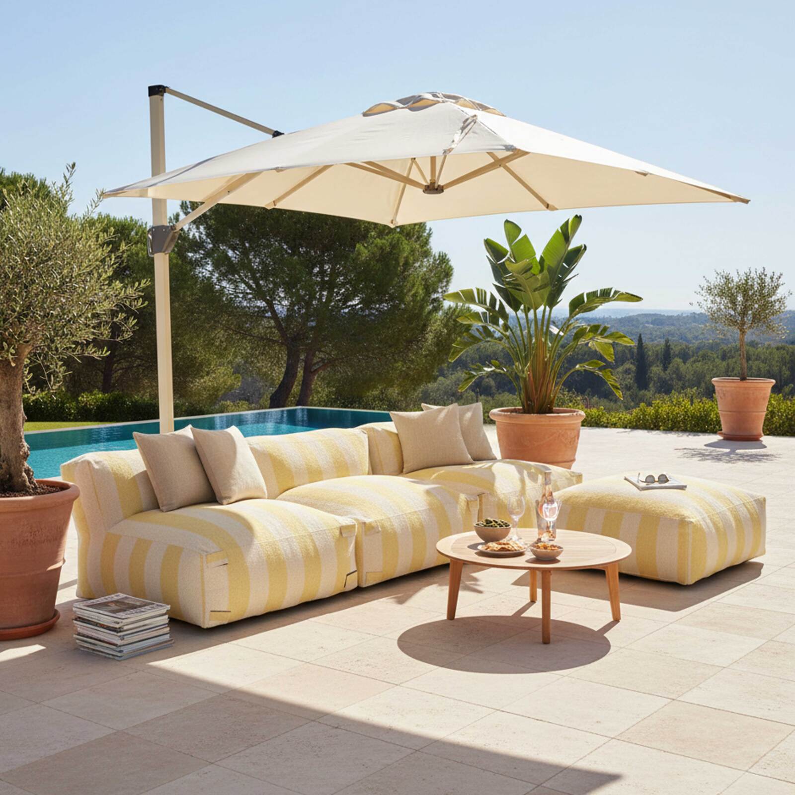 Modulare Gartenmöbel, gestreift für 4 Personen bestehend aus 3 Sesseln und 1 Sitzsack