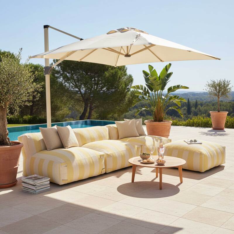 Modulare Gartenmöbel, gestreift für 4 Personen bestehend aus 3 Sesseln und 1 Sitzsack