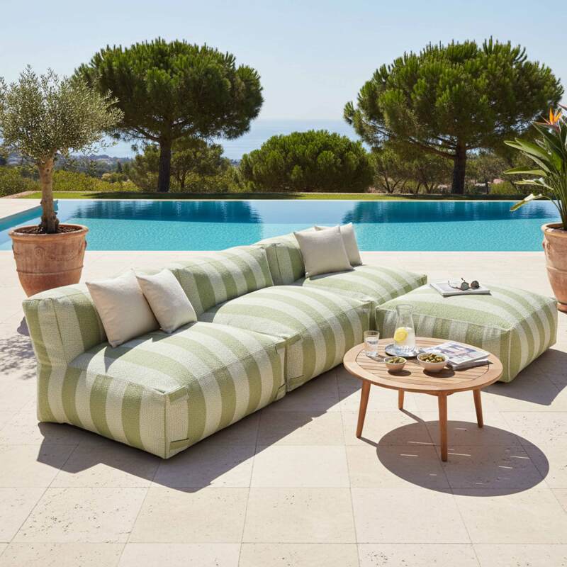 Modulare Gartenmöbel, gestreift für 4 Personen bestehend aus 3 Sesseln und 1 Sitzsack