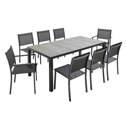 Rechteckiger Gartentisch mit Keramikplatte in Betonoptik 185 x 95 cm, 6 Stühle und 2 Stühle mit Armlehnen