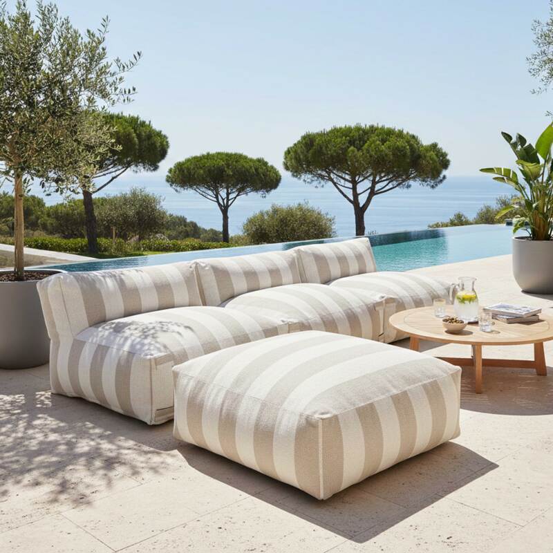 Modulare Gartenmöbel, gestreift für 4 Personen bestehend aus 3 Sesseln und 1 Sitzsack