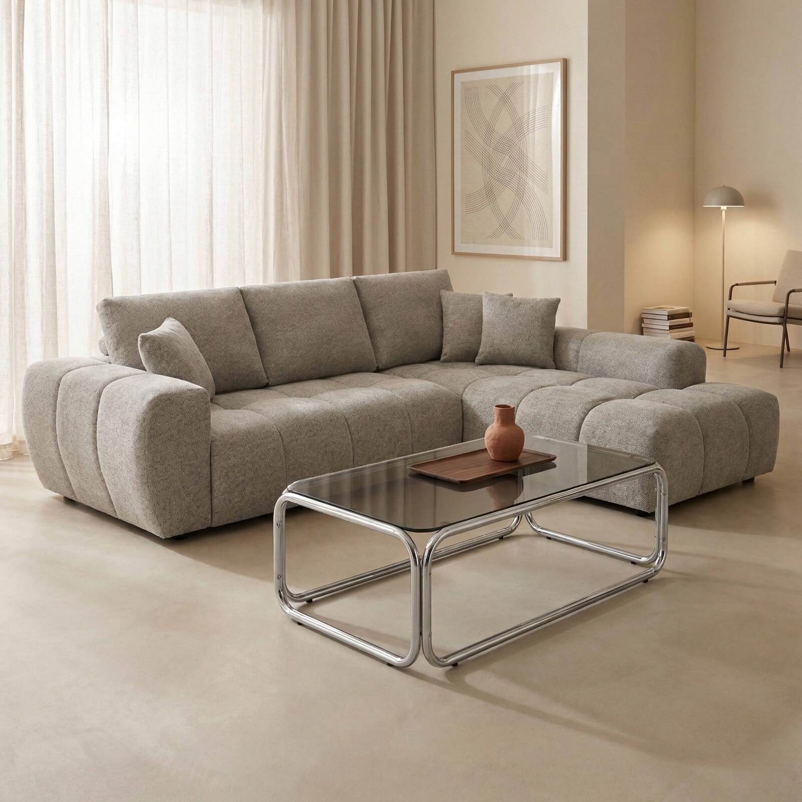 Ecksofa 3-Sitzer aus Stoff mit Chaiselongue rechts und Kissen