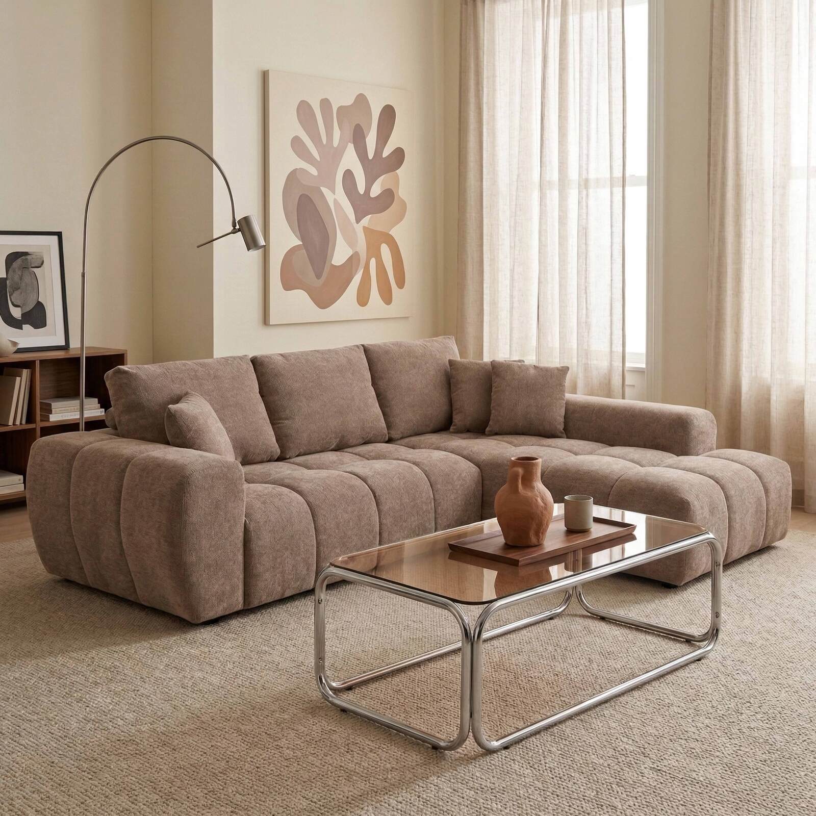 Ecksofa 3-Sitzer aus Stoff mit Chaiselongue rechts und Kissen