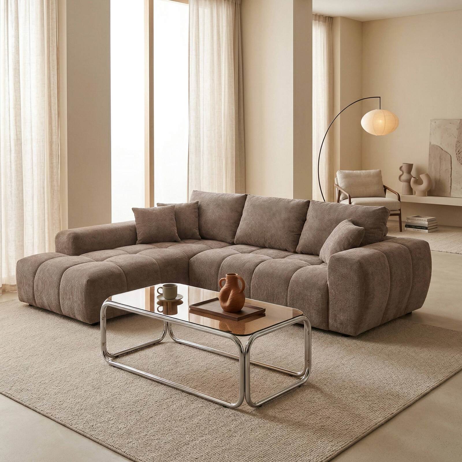 Ecksofa 3-Sitzer aus Stoff mit Chaiselongue links und Kissen