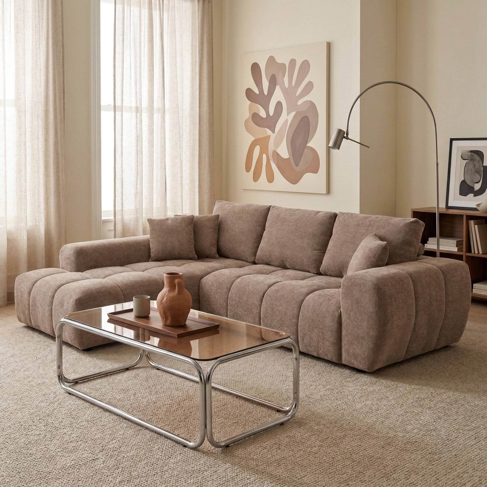 Ecksofa 3-Sitzer aus Stoff mit Chaiselongue links und Kissen