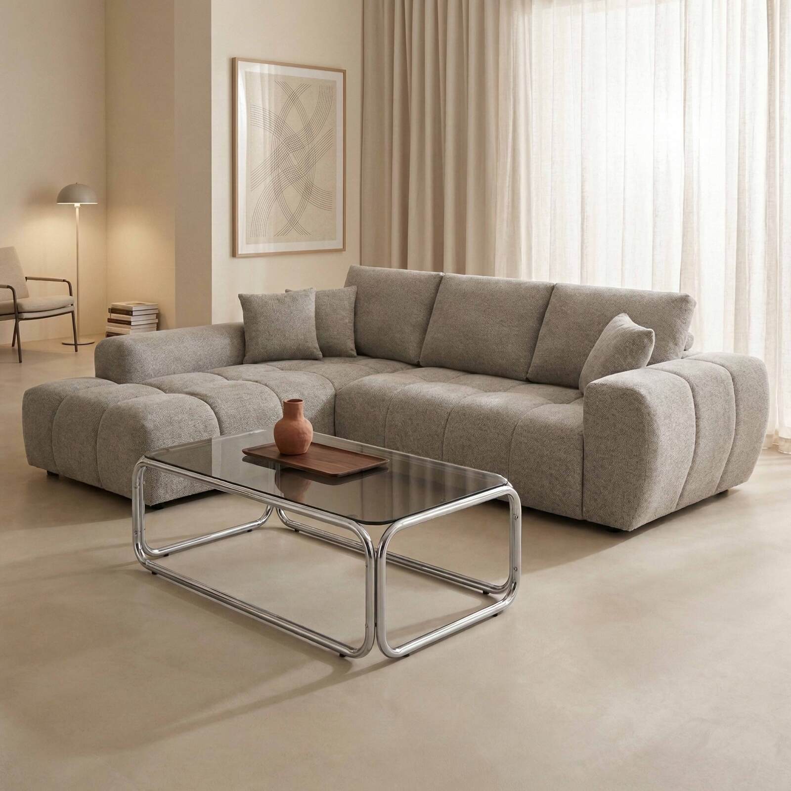 Ecksofa 3-Sitzer aus Stoff mit Chaiselongue links und Kissen