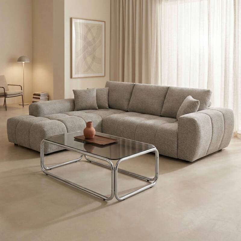 Ecksofa 3-Sitzer aus Stoff mit Chaiselongue links und Kissen