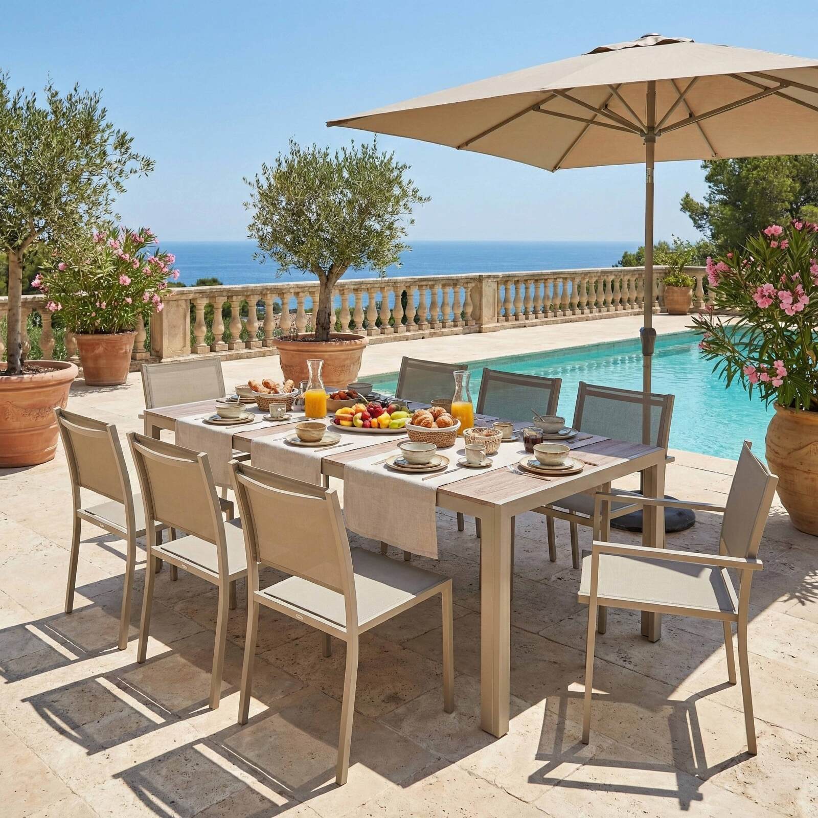 Gartentisch aus Aluminium und Keramik mit Holzoptik, 206x100 cm, und 8 Stühle aus Textilen