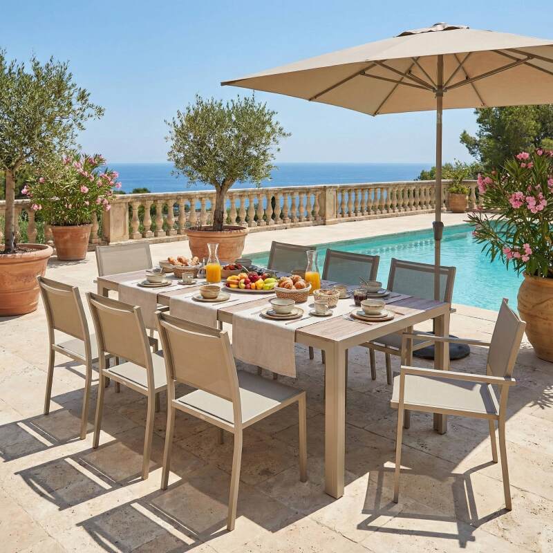 Gartentisch aus Aluminium und Keramik mit Holzoptik, 206x100 cm, und 8 Stühle aus Textilen