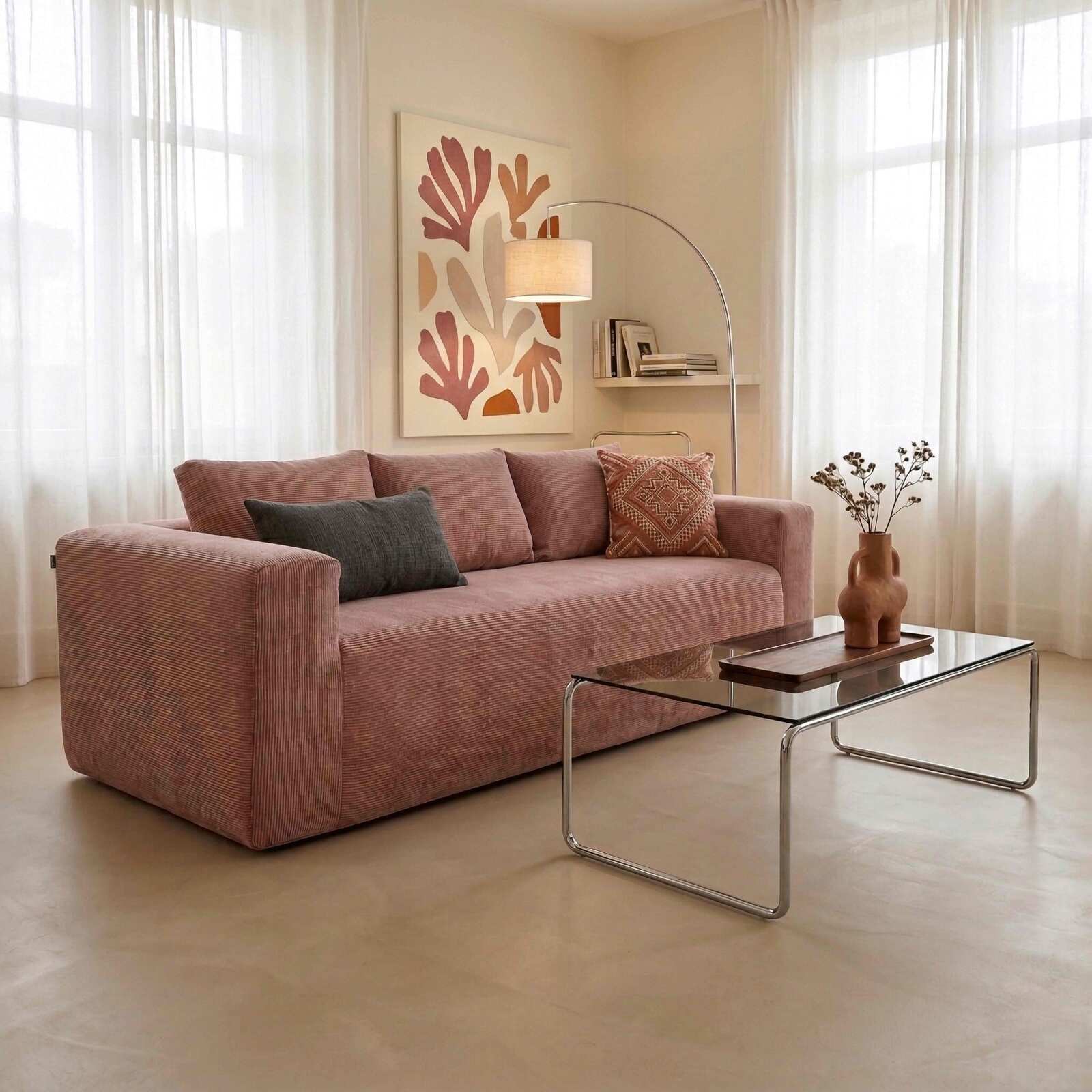 Sofa 3-Sitzer aus geripptem Stoff mit Kissen