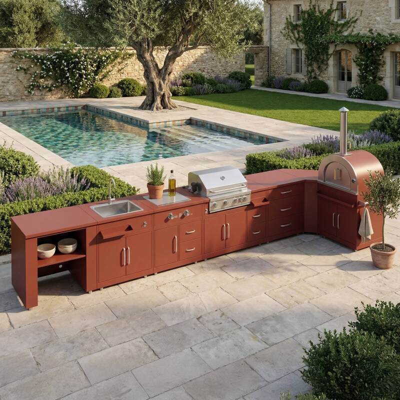 Outdoor-Küche aus Metall in Eckform mit Outdoor-Spüle, Pizzaofen, Gasherd, Grill und Stauraum – 7 Module - Lifestyle