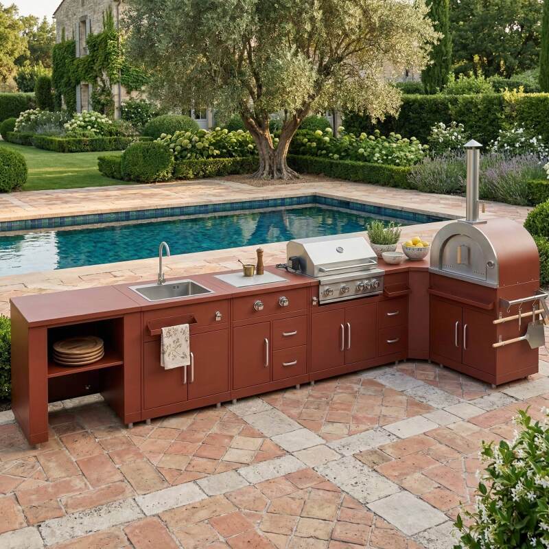 Outdoor-Küche aus Metall in Eckform mit Pizzaofen, Gasherd, Grill und Stauraum – 6 Module - Lifestyle