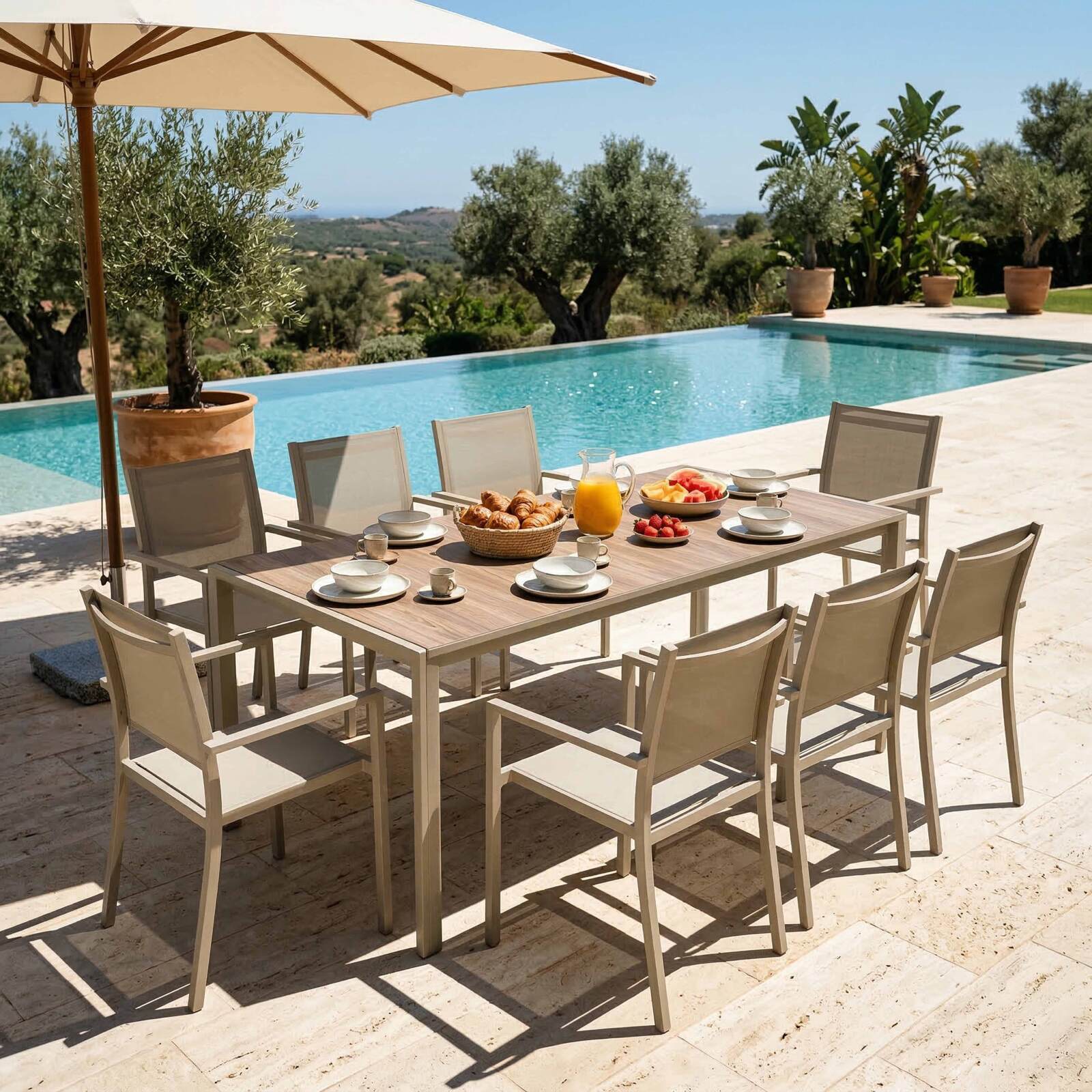 Gartentisch aus Aluminium und Keramik mit Holzoptik, 206x100 cm, und 8 Stühle aus Textilen