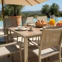 Gartentisch aus Aluminium und Keramik mit Holzoptik, 206x100 cm, und 8 Stühle aus Textilen
