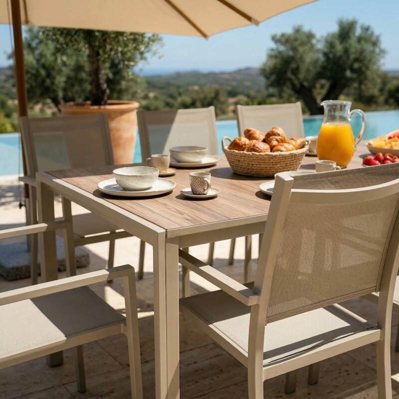 Gartentisch aus Aluminium und Keramik mit Holzoptik, 206x100 cm, und 8 Stühle aus Textilen (7/9)