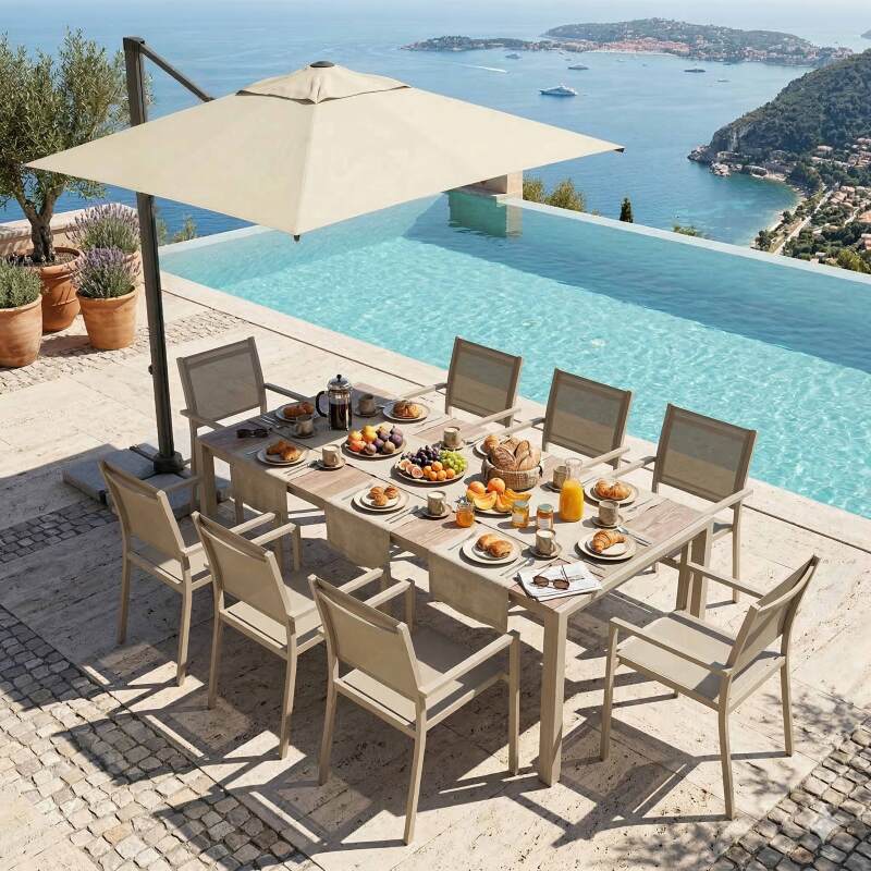 Gartentisch aus Aluminium und Keramik mit Holzoptik, 206x100 cm, und 8 Stühle aus Textilen