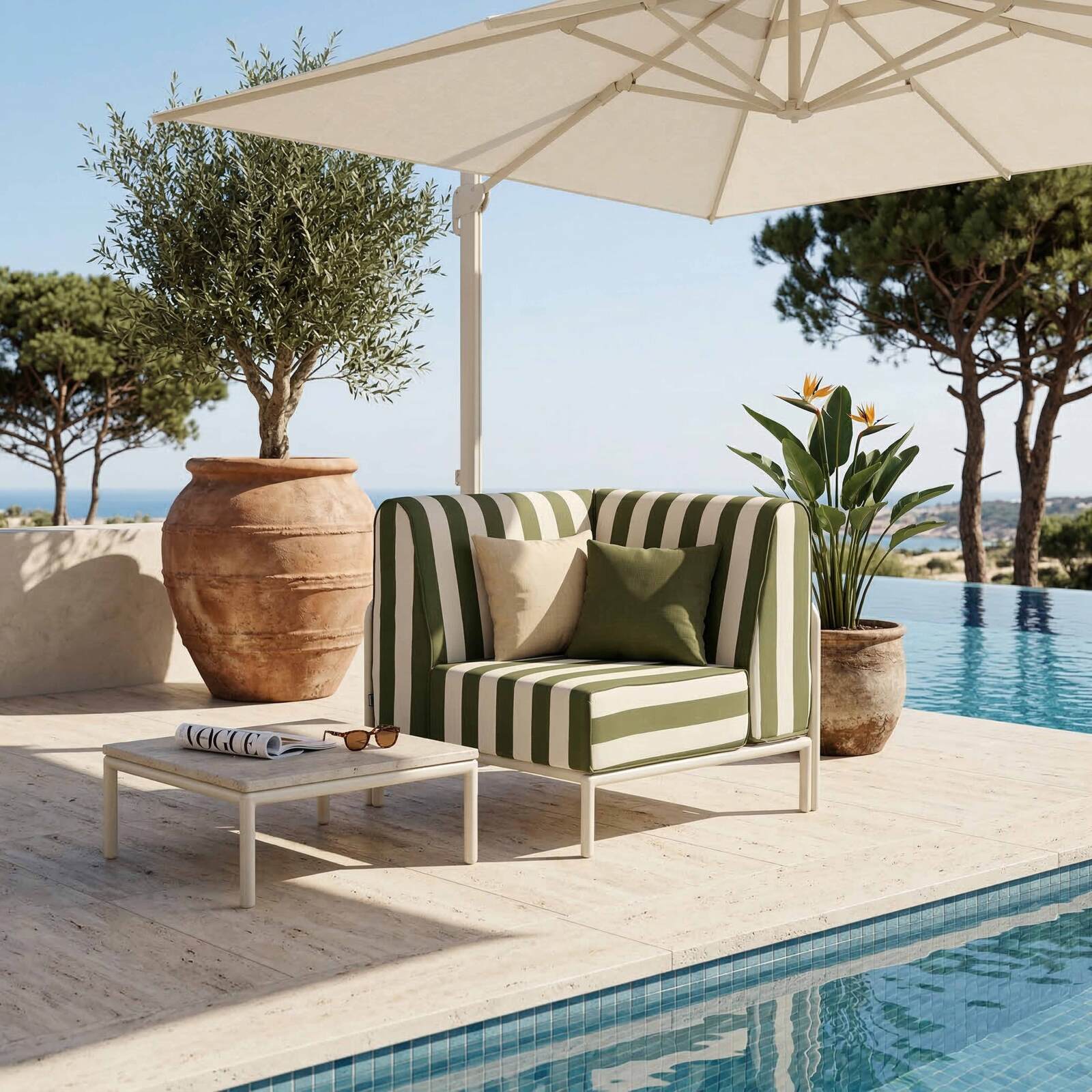 Ecksessel im gestreiften Design für modulare Outdoor-Sofa
