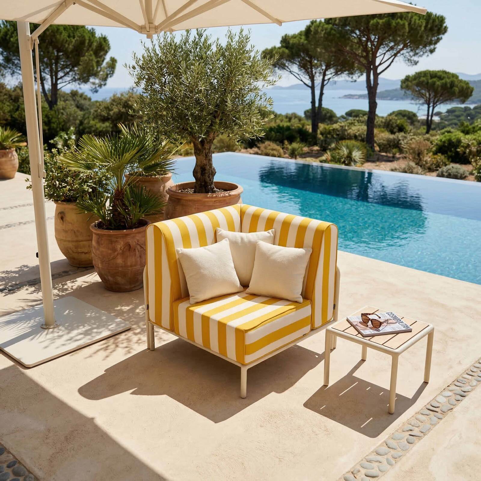 Ecksessel im gestreiften Design für modulare Outdoor-Sofa