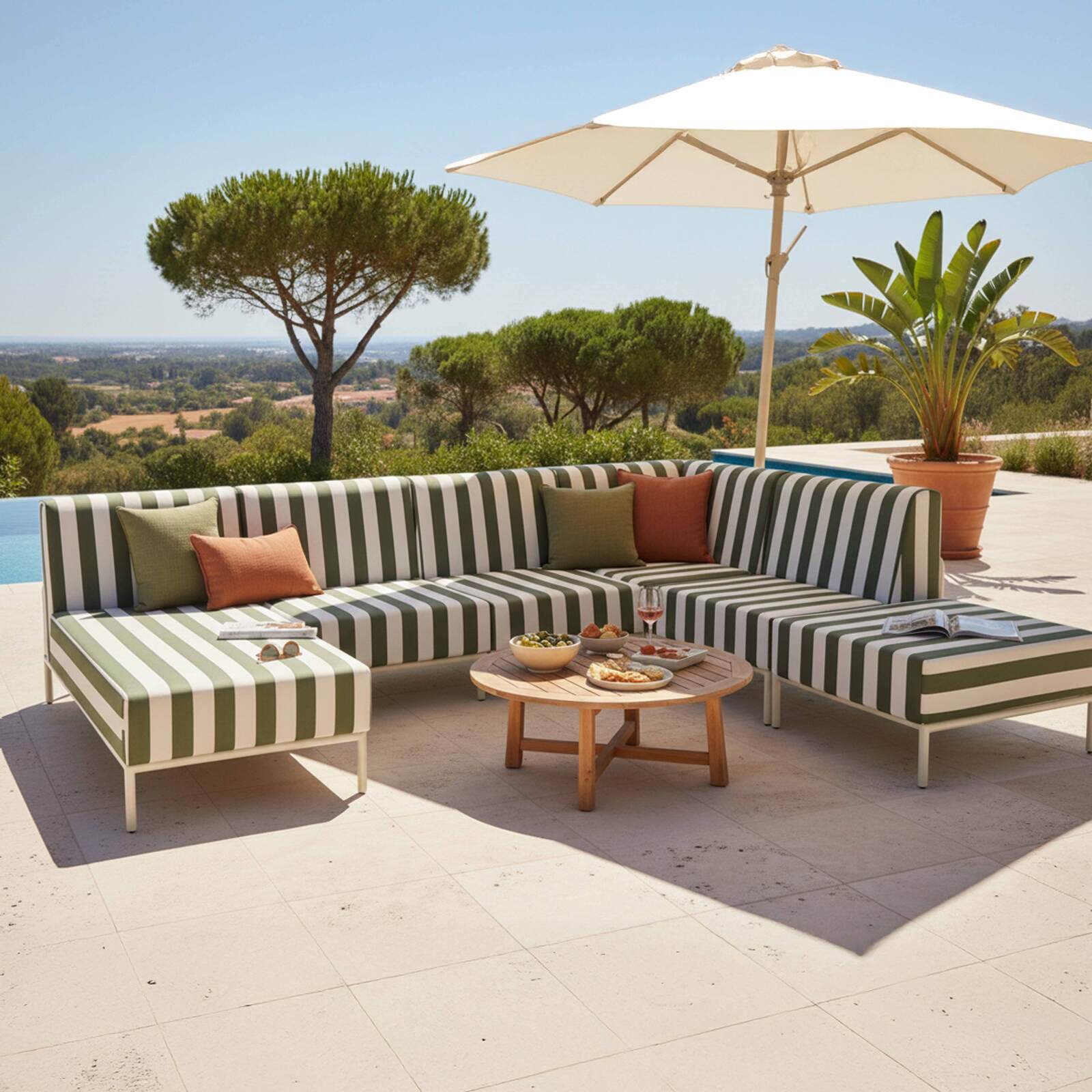 Ecksessel im gestreiften Design für modulare Outdoor-Sofa