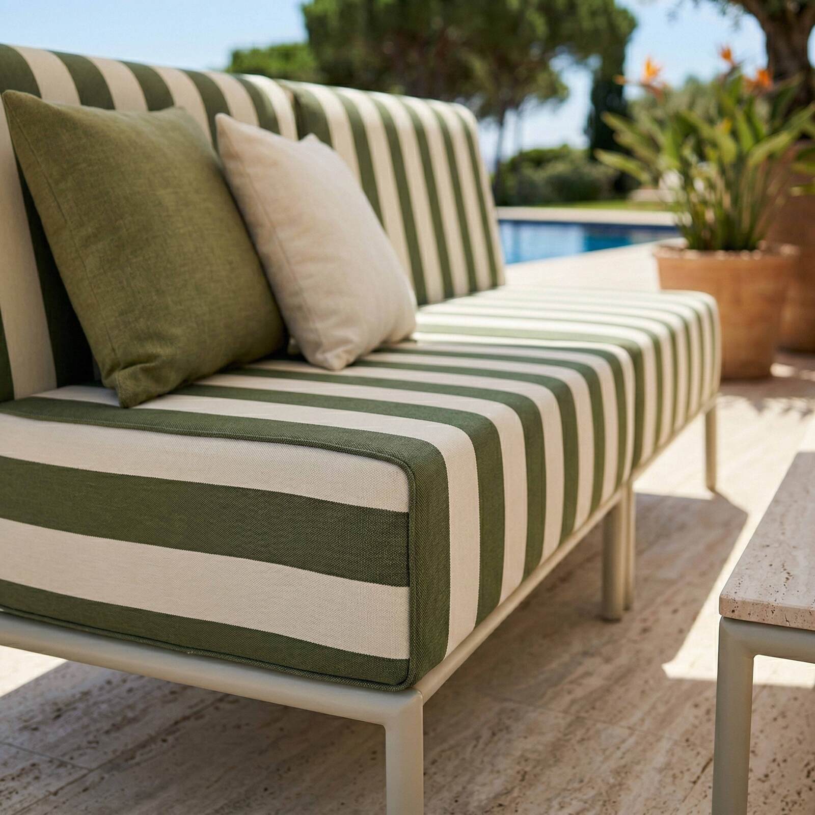 Modulare Gartenmöbel für 2 Personen bestehend aus 2 Sesseln im gestreiften Design