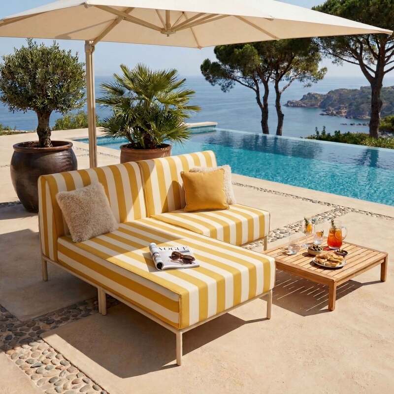 Modulare Gartenmöbel für 2 Personen bestehend aus 1 Sessel und 1 Chaiselongue im gestreiften Design