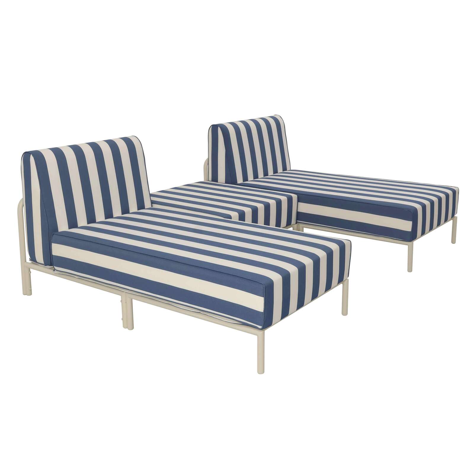 Modulare Gartenmöbel für 2 Personen bestehend aus 2 Chaiselongues und 1 Sitzsack im gestreiften Design