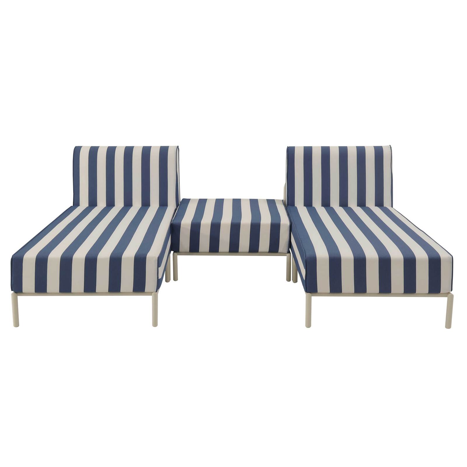 Modulare Gartenmöbel für 2 Personen bestehend aus 2 Chaiselongues und 1 Sitzsack im gestreiften Design