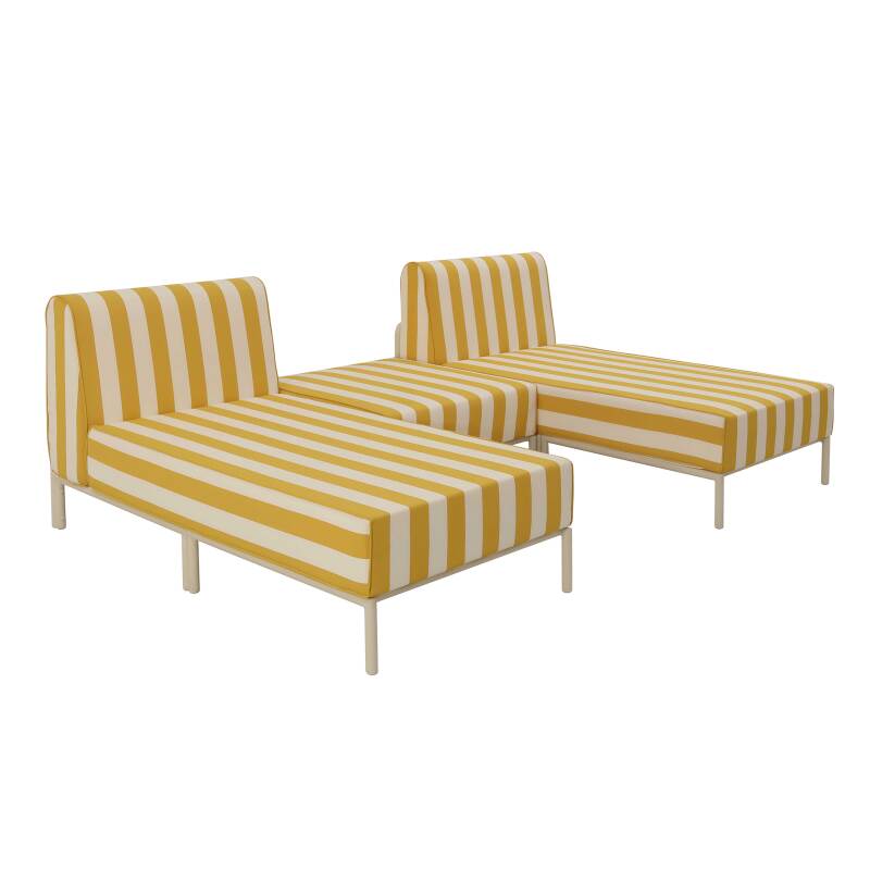 Modulare Gartenmöbel für 2 Personen bestehend aus 2 Chaiselongues und 1 Sitzsack im gestreiften Design