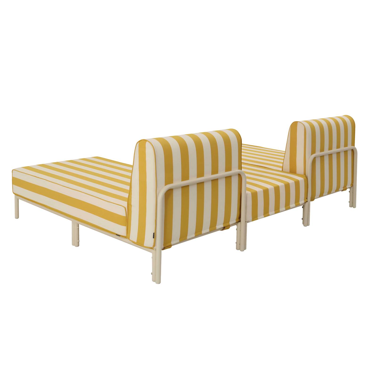 Modulare Gartenmöbel für 2 Personen bestehend aus 2 Chaiselongues und 1 Sitzsack im gestreiften Design