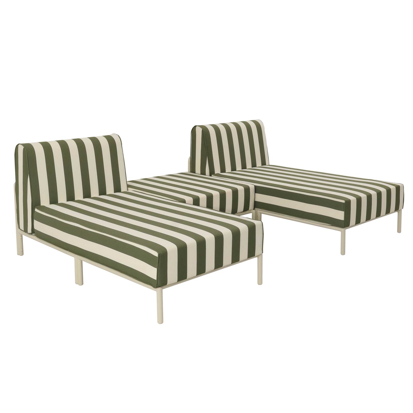 Modulare Gartenmöbel für 2 Personen bestehend aus 2 Chaiselongues und 1 Sitzsack im gestreiften Design