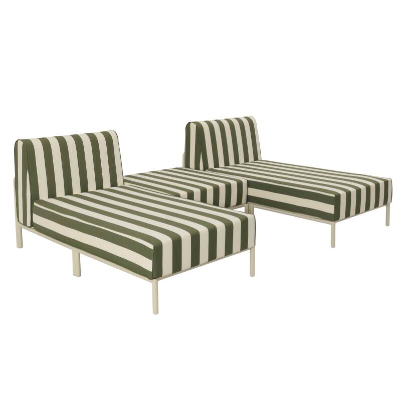 Modulare Gartenmöbel für 2 Personen bestehend aus 2 Chaiselongues und 1 Sitzsack im gestreiften Design