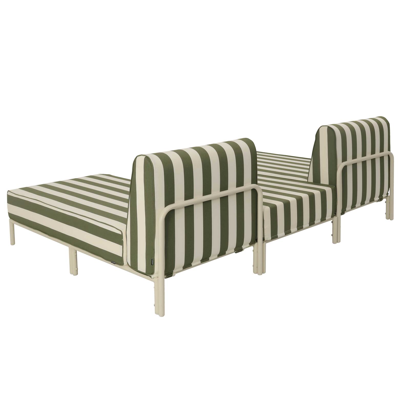 Modulare Gartenmöbel für 2 Personen bestehend aus 2 Chaiselongues und 1 Sitzsack im gestreiften Design