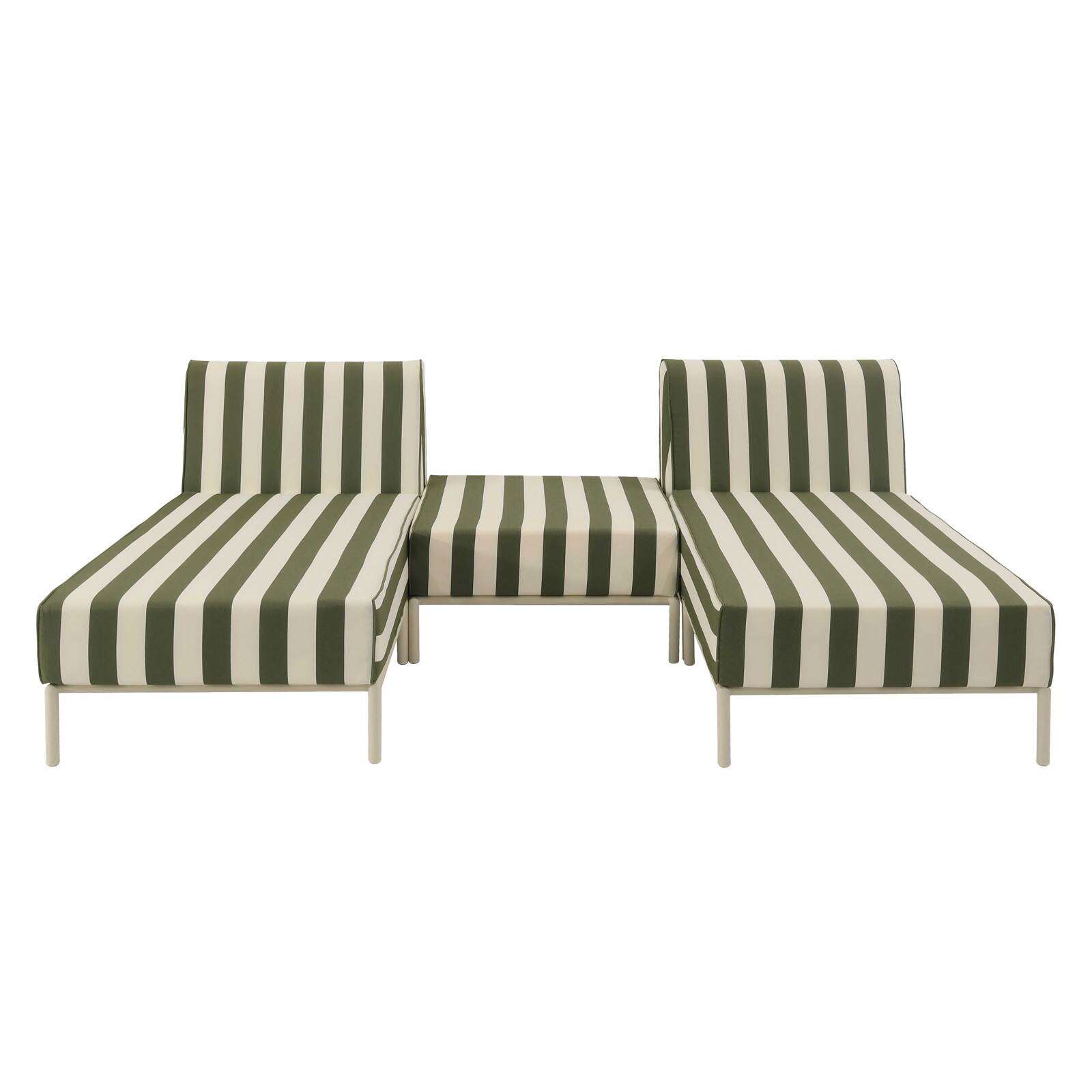 Modulare Gartenmöbel für 2 Personen bestehend aus 2 Chaiselongues und 1 Sitzsack im gestreiften Design