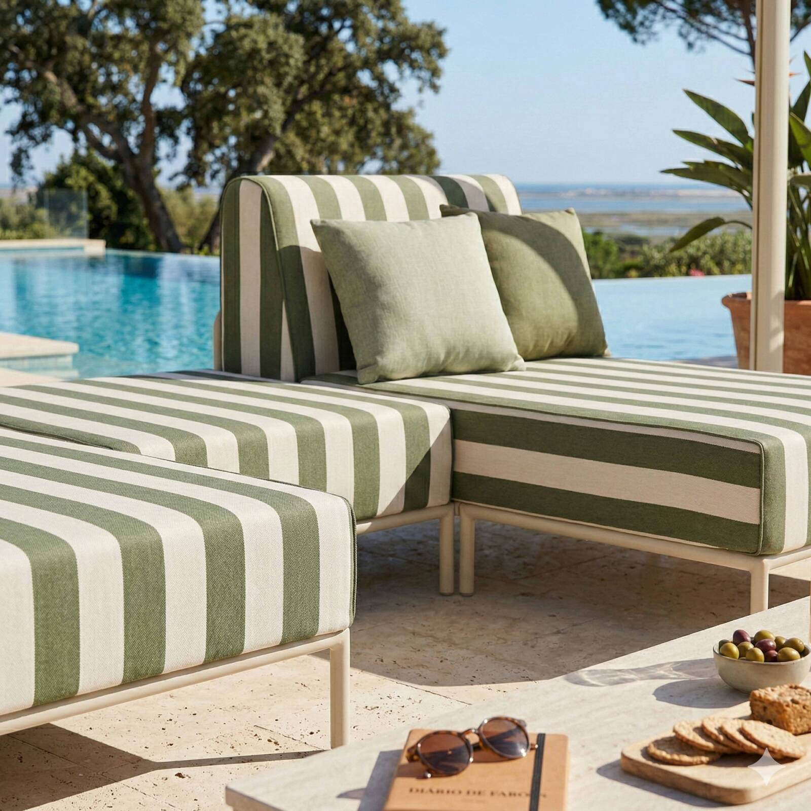 Modulare Gartenmöbel für 2 Personen bestehend aus 2 Chaiselongues und 1 Sitzsack im gestreiften Design