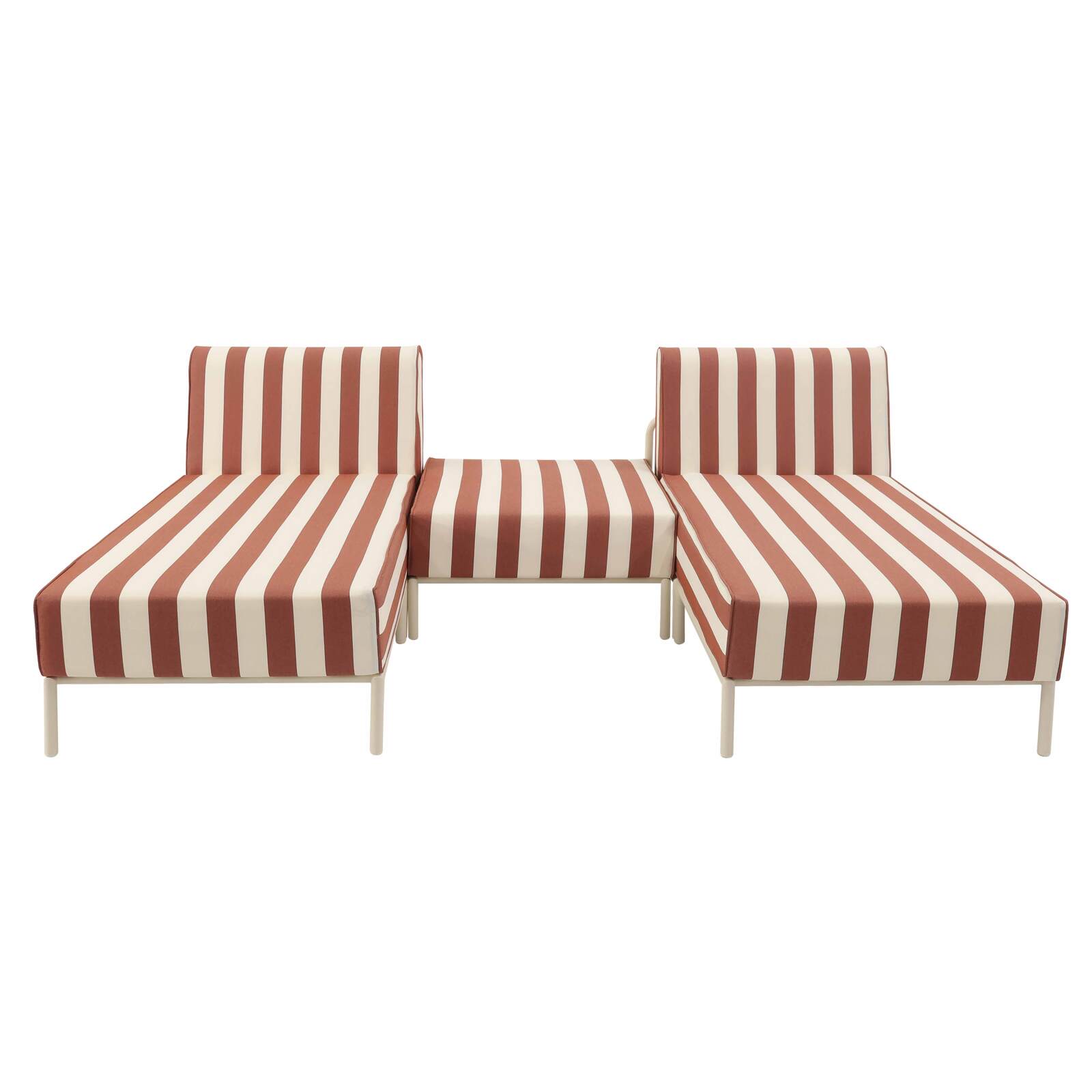 Modulare Gartenmöbel für 2 Personen bestehend aus 2 Chaiselongues und 1 Sitzsack im gestreiften Design