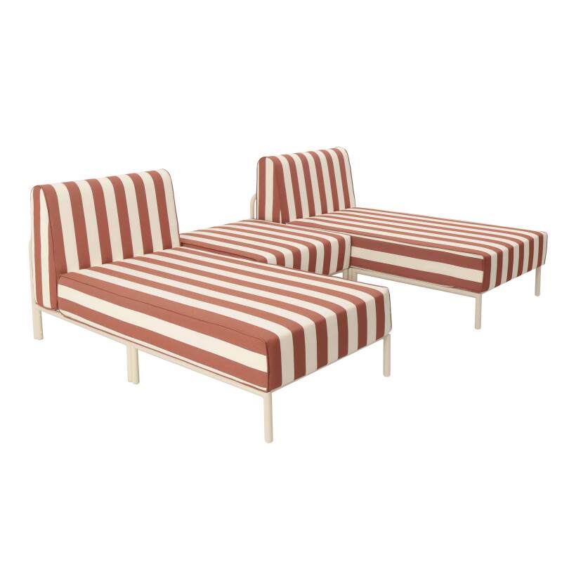 Modulare Gartenmöbel für 2 Personen bestehend aus 2 Chaiselongues und 1 Sitzsack im gestreiften Design