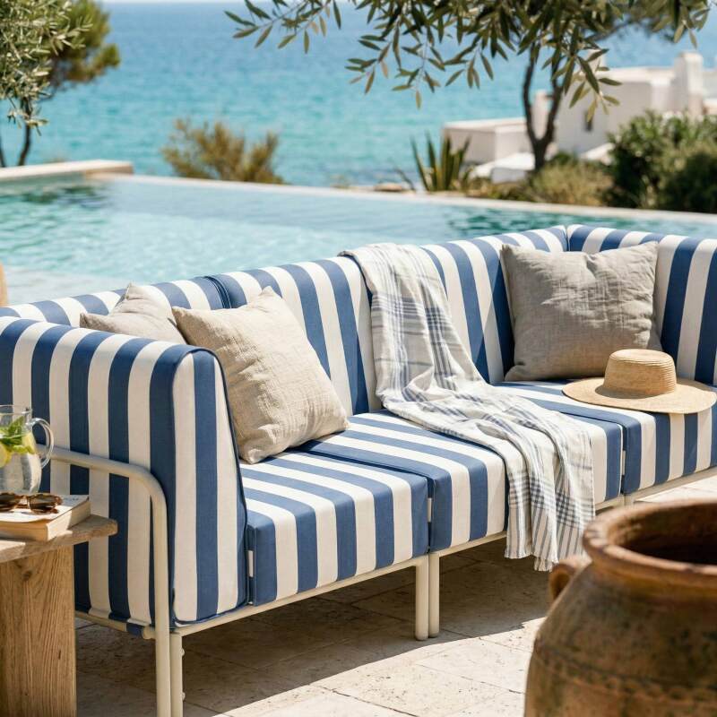 Modulare Gartenmöbel für 3 Personen bestehend aus 1 Sessel und 2 Ecksesseln im gestreiften Design (2/8)