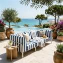 Modulare Gartenmöbel für 3 Personen bestehend aus 1 Sessel und 2 Ecksesseln im gestreiften Design