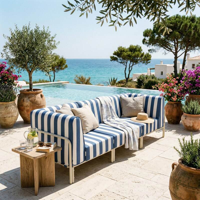 Modulare Gartenmöbel für 3 Personen bestehend aus 1 Sessel und 2 Ecksesseln im gestreiften Design