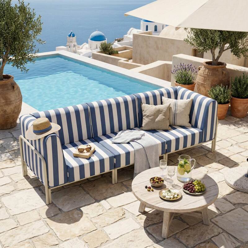 Modulare Gartenmöbel für 3 Personen bestehend aus 1 Sessel und 2 Ecksesseln im gestreiften Design (6/8)