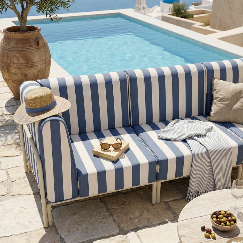 Modulare Gartenmöbel für 3 Personen bestehend aus 1 Sessel und 2 Ecksesseln im gestreiften Design (7/8)