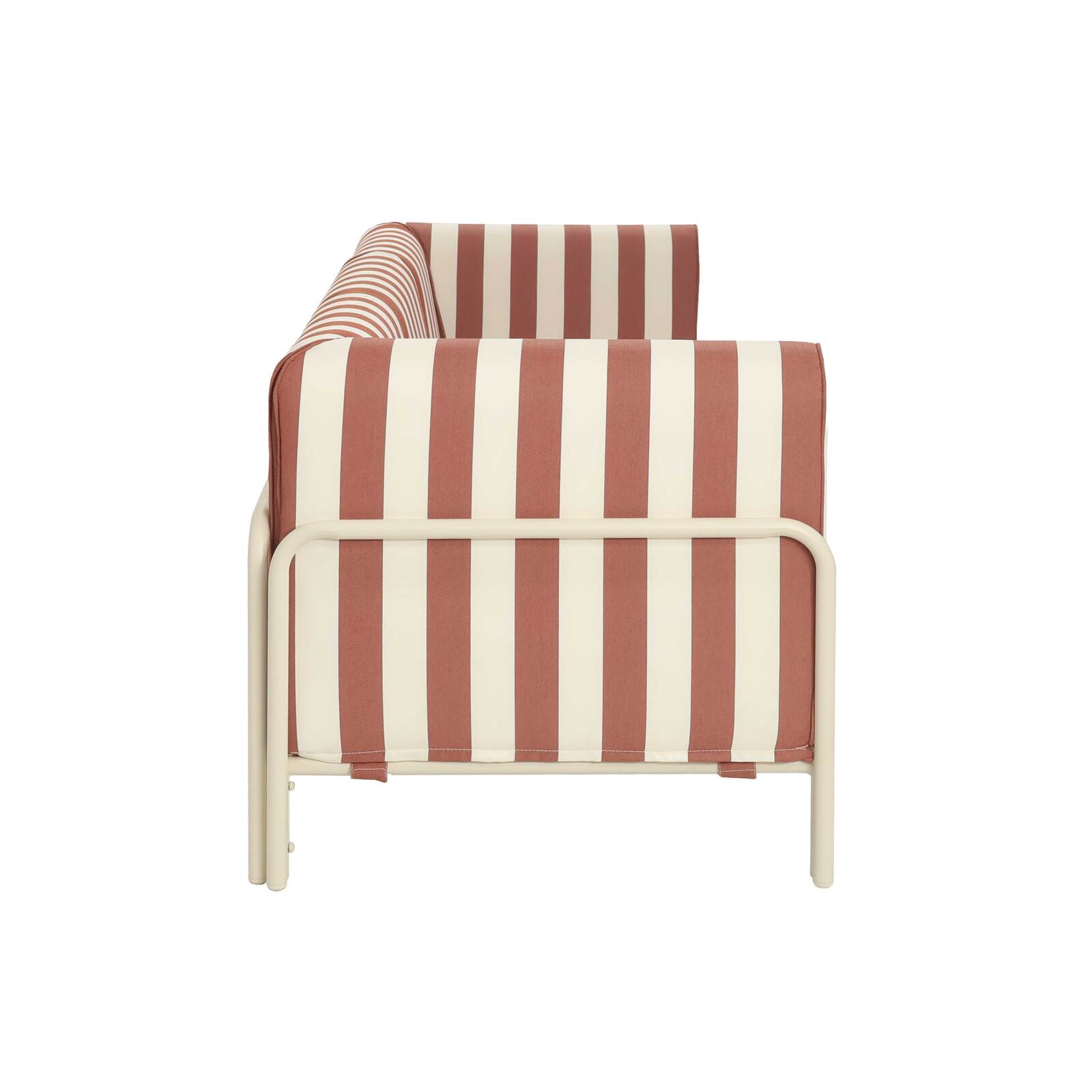 Modulare Gartenmöbel für 3 Personen bestehend aus 1 Sessel und 2 Ecksesseln im gestreiften Design